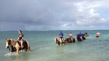 A group of people riding horses in shallow water, with a cloudy sky in the background.