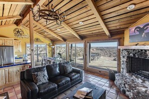 Smart TV, fireplace, books