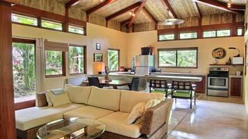 Televisio, DVD-soitin, kirjoja, stereot