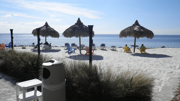 Een strand met rieten parasols, ligbedden en een vuilnisbak.