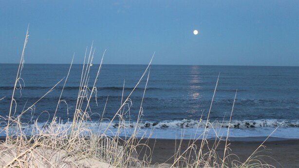A beach with the ocean and a visible moon in the sky. - Oceanfront property (Duck)