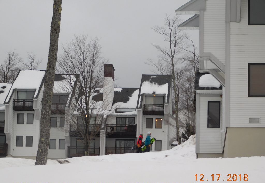 A residential area with houses covered in snow, a person with a snowboard, and a date stamp.