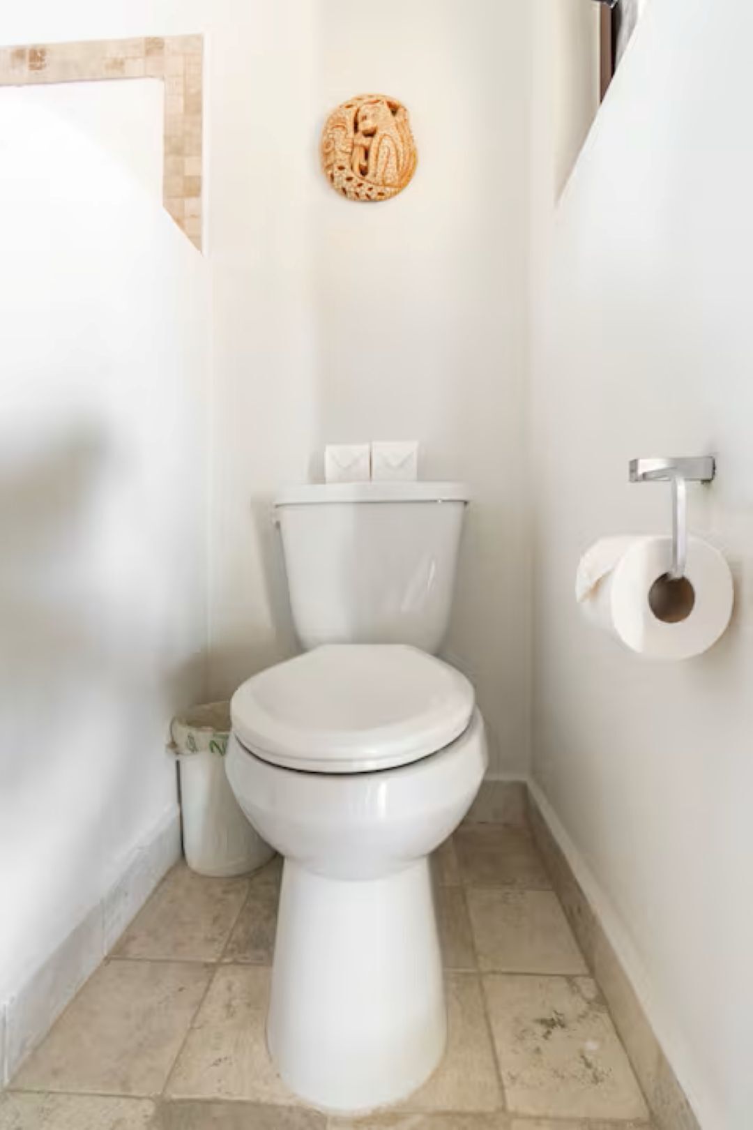 Un baño pequeño y blanco con un inodoro, un bote de basura y un dispensador de papel higiénico en la pared.