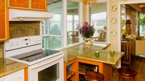 A kitchen with a stove, oven, and a window overlooking a balcony. - Stunning, majestic, oceanfront location, with stunning view and air conditioning (Hilo)