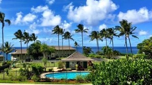 Ein Resort mit Swimmingpool, Palmen und Meerblick.