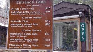 A sign listing entrance fees for a U.S. Forest Service area, including various pass options and a preference for credit cards.