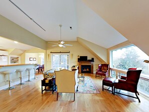 Smart TV, chimenea, reproductor de DVD y libros 