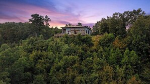 Una casa en una colina rodeada de bosque denso, con cielo despejado.