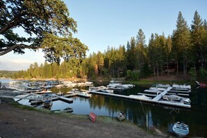 A marina with boats docked, surrounded by trees and a clear sky.