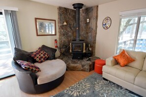 Smart TV, fireplace, DVD player, video library