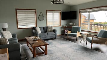 Una Smart TV, una chimenea, un reproductor de DVD, libros