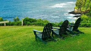 Twee Adirondack stoelen gericht op een kustgezicht met oceaan en groen.