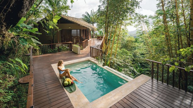 Um deck de madeira com piscina, cercado por vegetação exuberante e uma estrutura com telhado de palha.