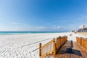 On the beach, sun loungers