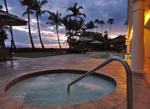 A hot tub surrounded by palm trees and a pool, with a sunset in the background.
