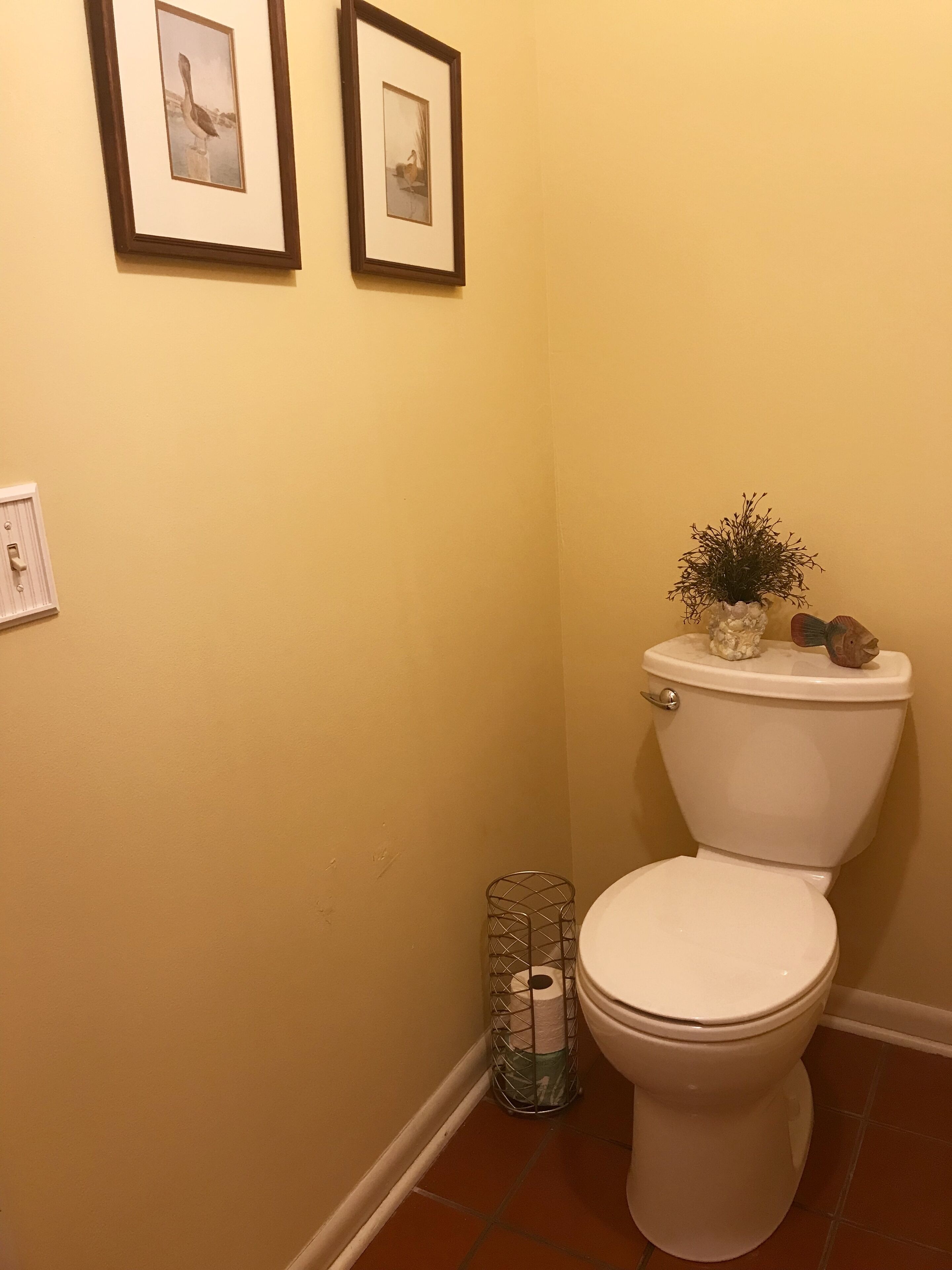 A bathroom with a toilet, framed pictures on the wall, and a toilet paper holder.