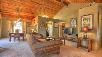 TV, fireplace, books, stereo