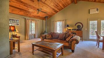 TV, fireplace, books, stereo