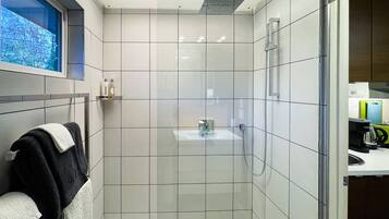 Shower, hair dryer, bidet, towels