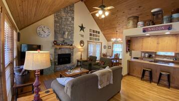 Smart TV, fireplace, video games, DVD player