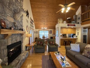 Smart TV, fireplace, video games, DVD player