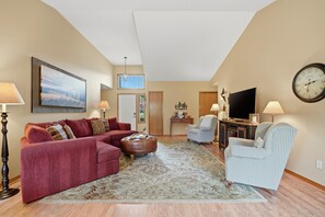 TV, fireplace, books