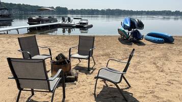 On the beach, sun loungers, beach towels