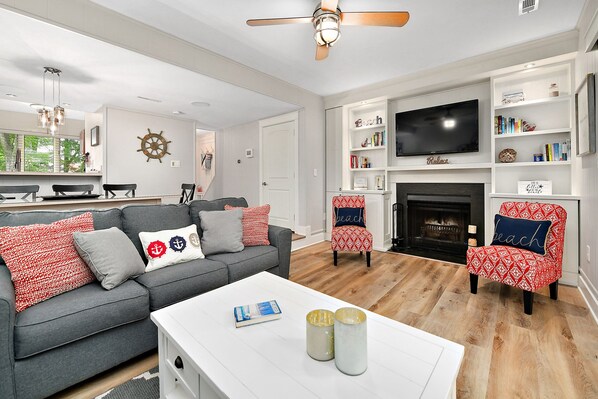 Smart TV, fireplace, video games, DVD player