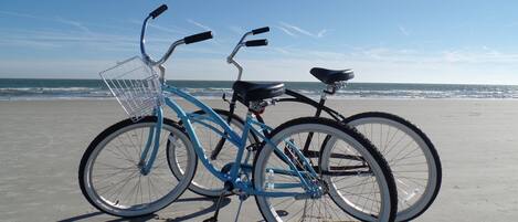 On the beach, sun-loungers, beach towels