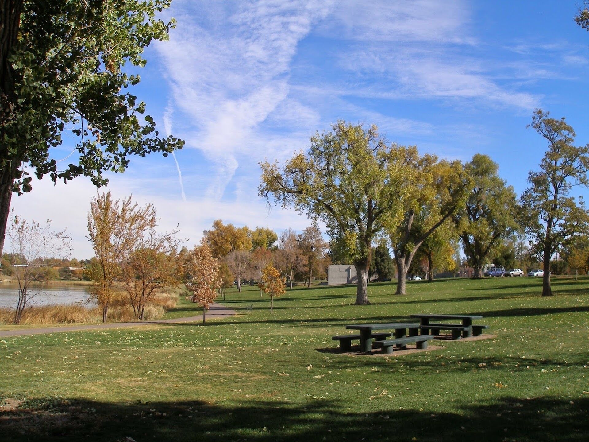 Un parque con mesas de picnic, árboles y una masa de agua.
