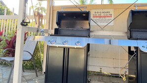 An outdoor barbecue area with a covered shelter, a sign indicating B-B-Q hours, and a Genesis brand grill.