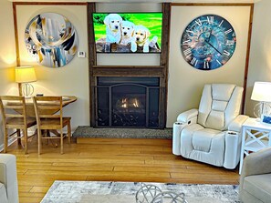 Smart TV, fireplace, DVD player, music library