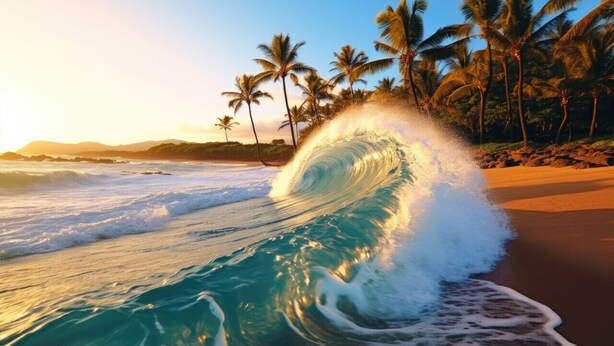 Ein Strand mit einer großen Welle, Palmen und einem Sonnenuntergang.