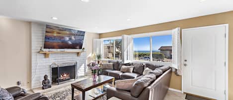 Smart TV, fireplace, books