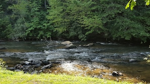 A river flowing through a forested area with rocks and clear water. - Best river access on Fightingtown Creek!  Stocked trout stream! Family perfect! (Epworth)