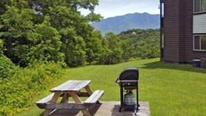 Eine Terrasse im Freien mit einem Holztisch und einem Grill, umgeben von üppiger Vegetation und Blick auf die Berge.