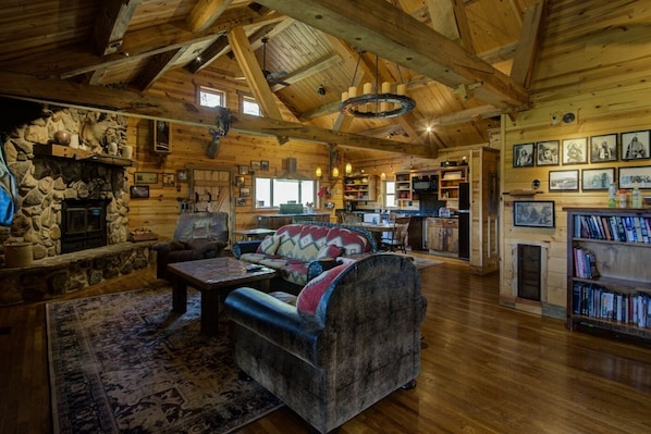 Smart TV, fireplace, books