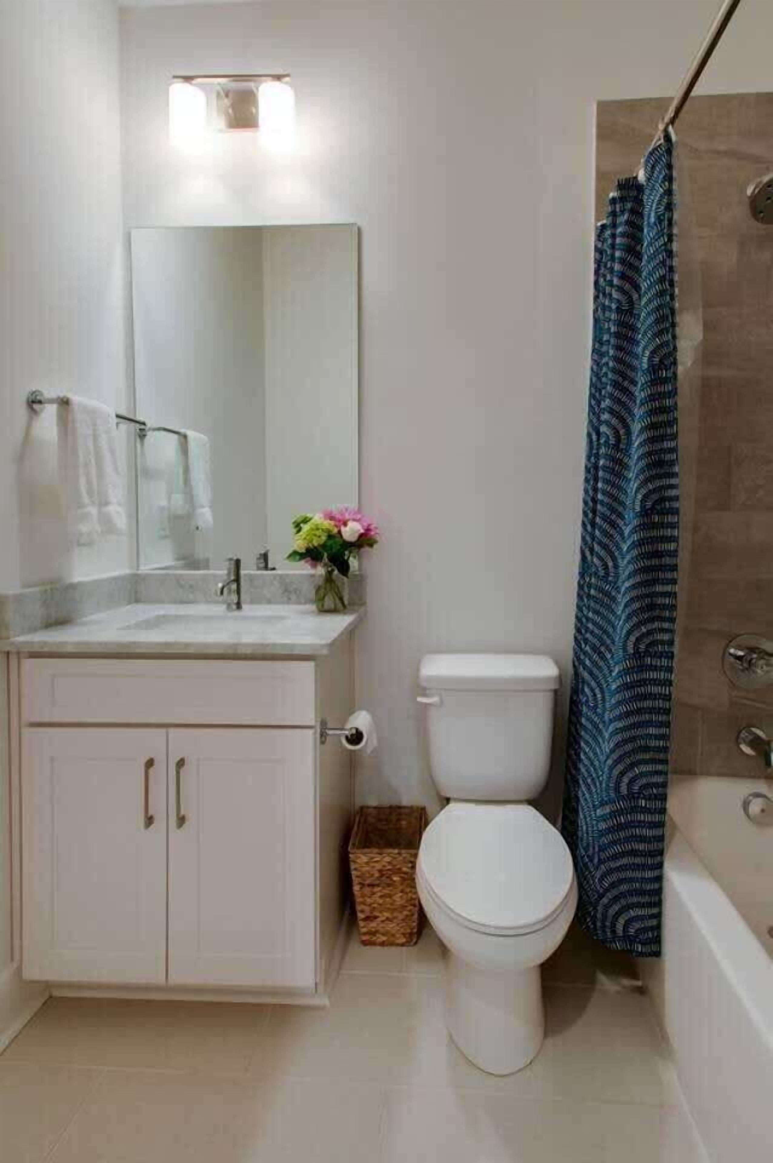 Une salle de bain avec un lavabo blanc, un miroir et des toilettes. On y trouve un rideau de douche et un panier posé sur le sol.