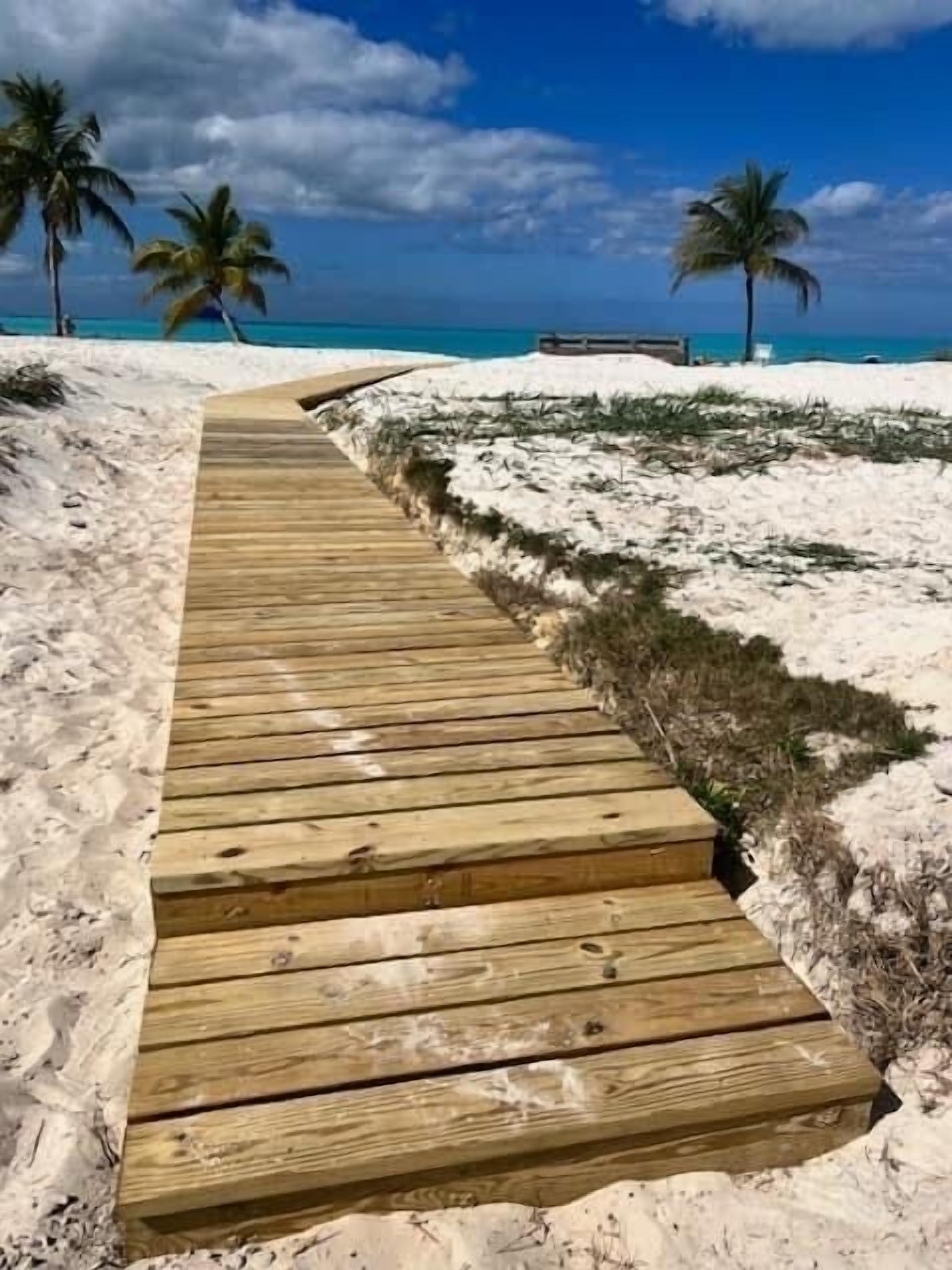 A wooden boardwalk leading to a beach with palm trees and a clear blue sky.