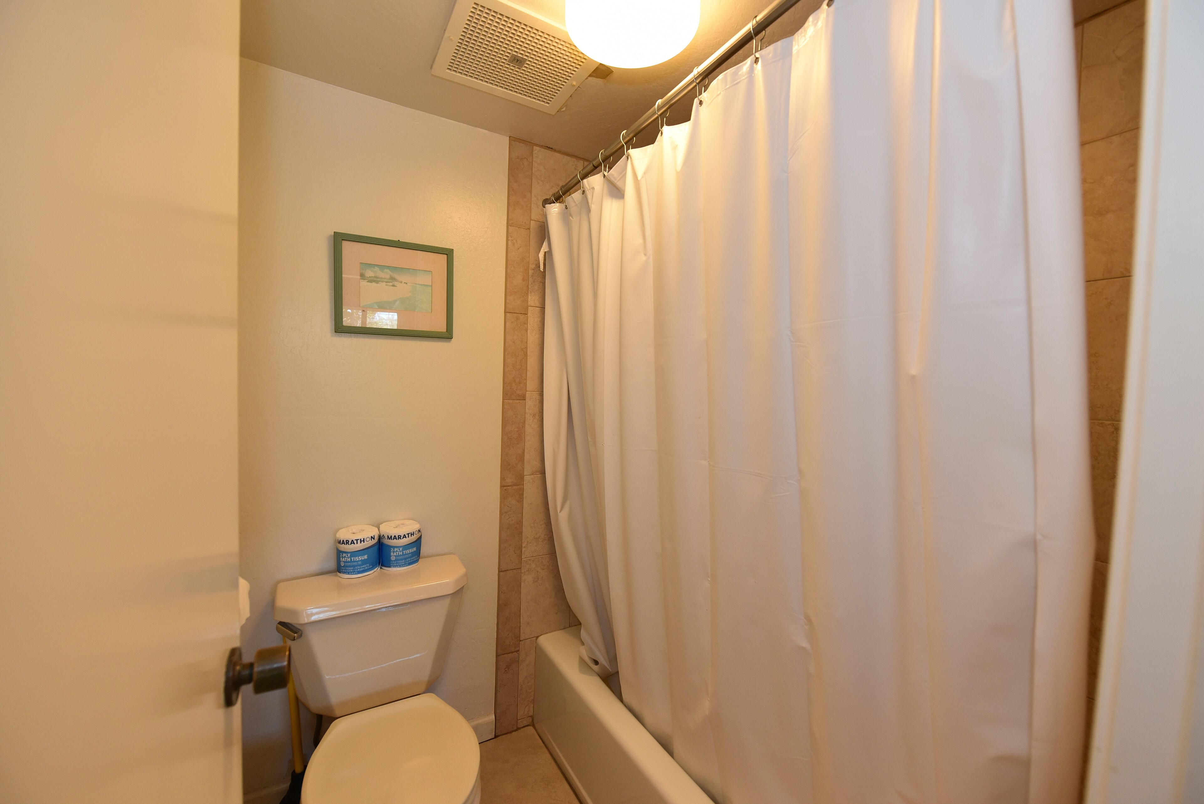 A bathroom with a toilet, a bathtub, and a shower curtain.