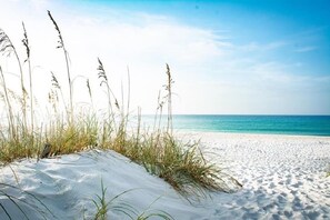On the beach, sun loungers