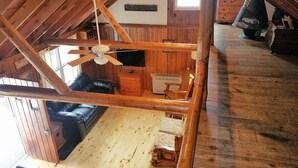 A wooden interior with a ceiling fan, a black leather couch, a wooden chest, and a sign that reads "The Birchies".