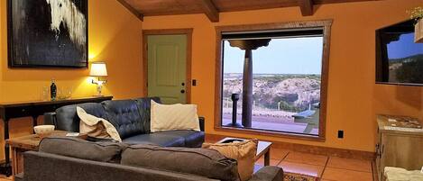Smart TV, fireplace, books