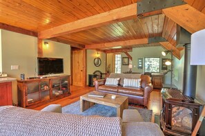 TV, fireplace, books