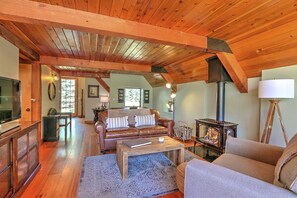 TV, fireplace, books