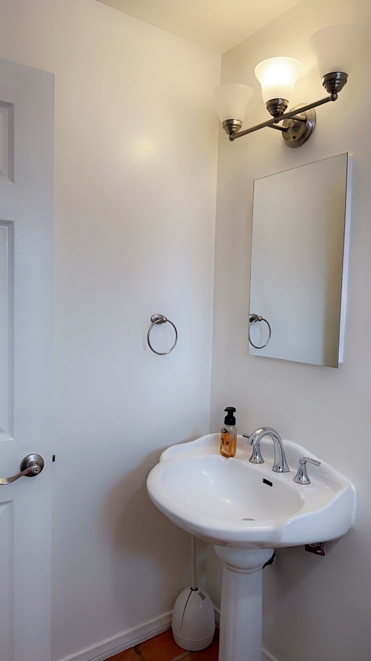 A bathroom with a white sink, a mirror, a towel ring, and a light fixture.