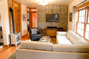 Smart TV, fireplace, books, music library