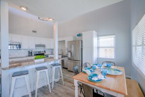 Fridge, microwave, oven, stovetop - Large home on Private Beach, Game Room,  Third story deck, Ocean Views,  (Panama City Beach)