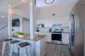 Fridge, microwave, oven, stovetop - Large home on Private Beach, Game Room,  Third story deck, Ocean Views,  (Panama City Beach)