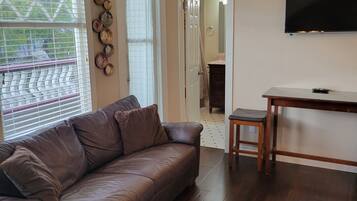 Smart TV, fireplace, books